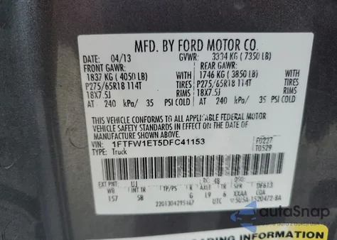 2013 Ford F150 Supercrew из США, поврежденный, VIN 1FTFW1ET5DFC41153